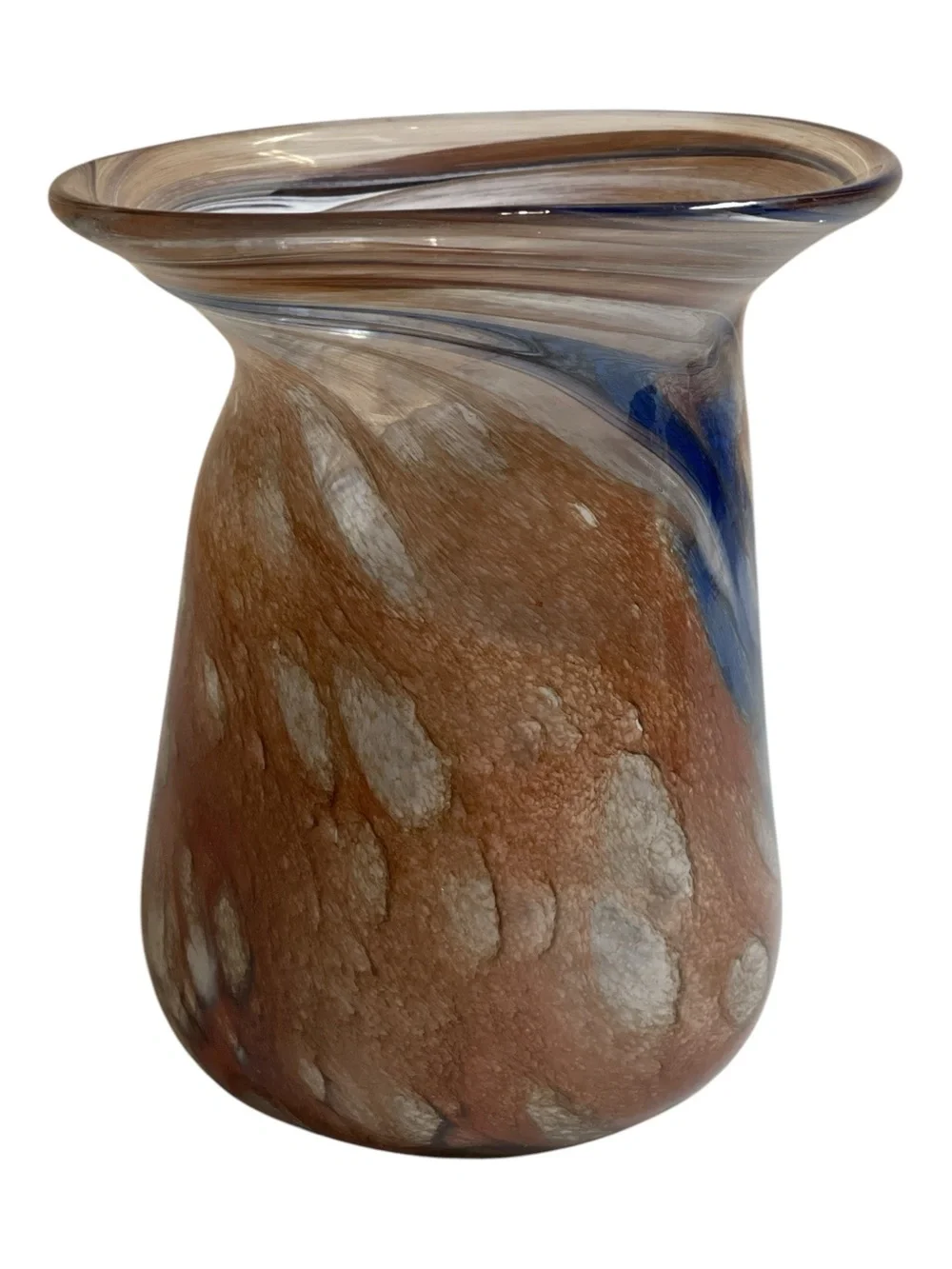 Vintage Mid Century Art Glass Vase - Hand Blown Blue & Amber Speckled Abstract